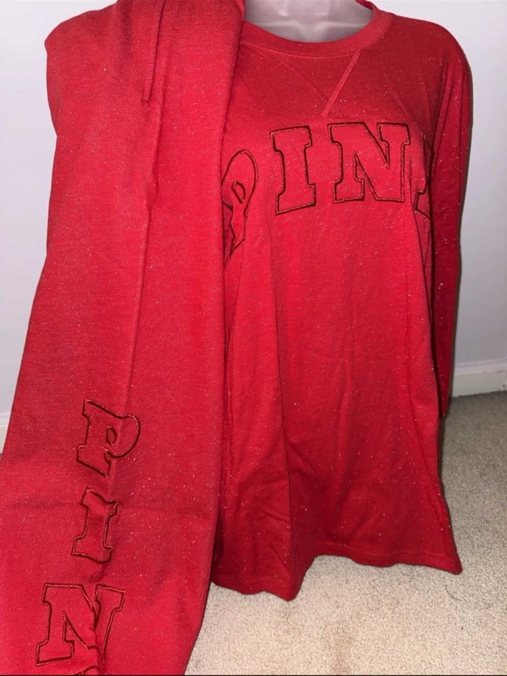Victoria Secret Pink Red Long Sleeve Tee Classic Pant Set XL